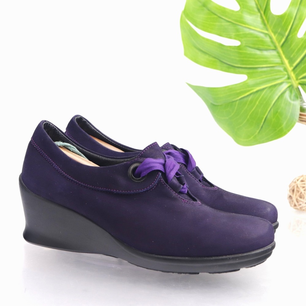 Wolky Womens Faith Oxford Pump Size 39 8 Purple Leather Wedge Lace Up Shoe Boho
